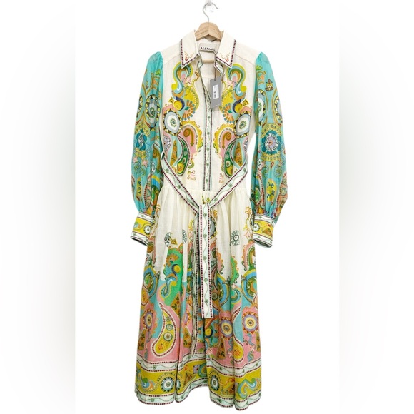 NWT ALÉMAIS Pinball Linen Paisley Print Belted MIDI Dress Sz 0 - Picture 9 of 16